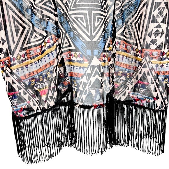Angie NWT Aztec Print Fringe Kimono Medium Sheer Colorful Southwest Boho Flowy - Picture 7 of 16